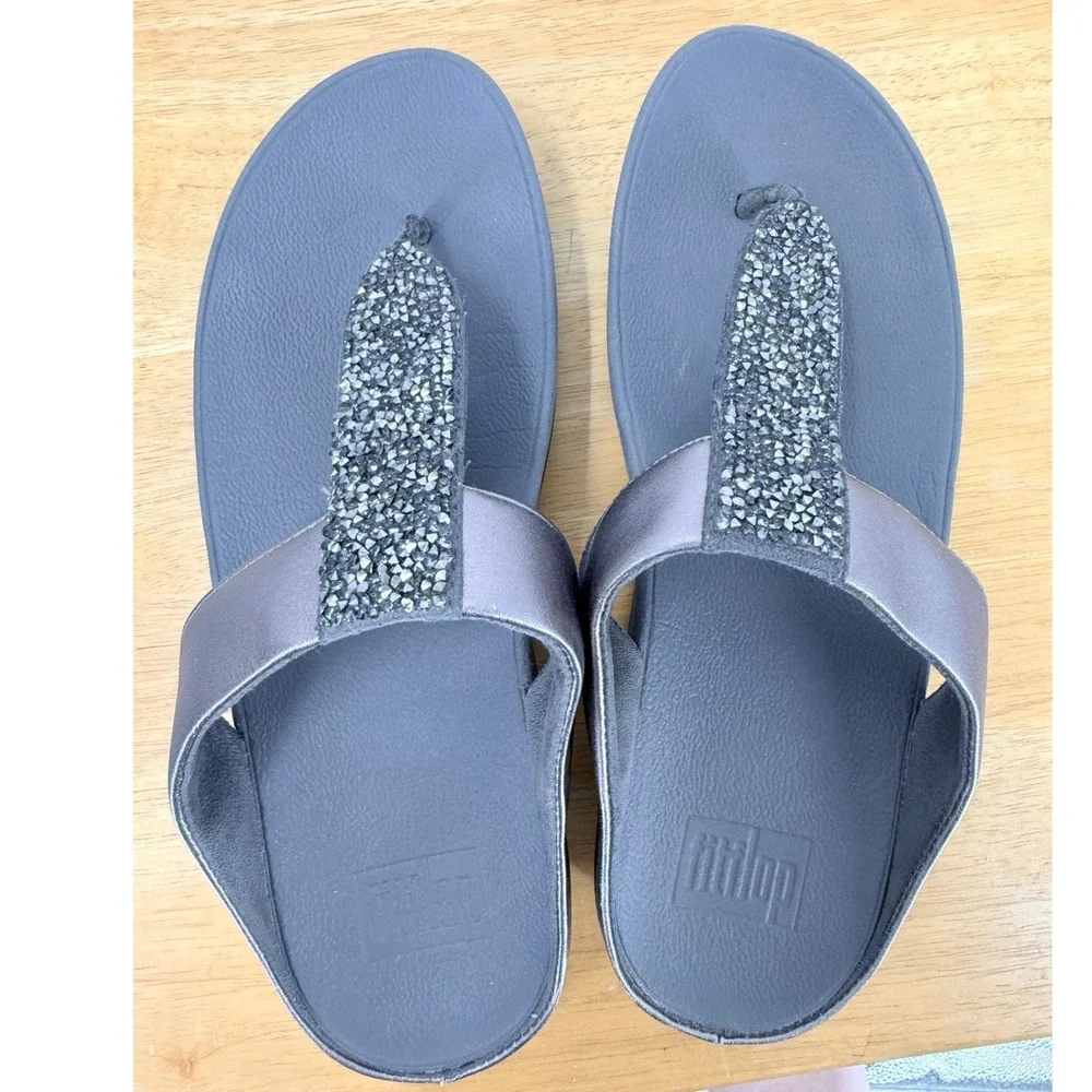 FitFlop Lulu Crystal Embellished Thong Sandals Pewter Grey Womens Size 8 145-054
